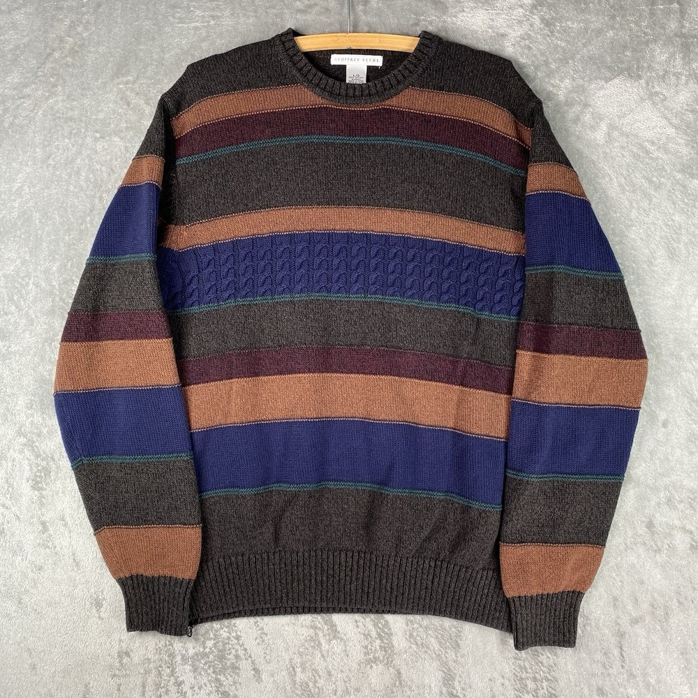Vintage Geoffrey Beene Sweater Mens L Multicolor Cable Knit Textured Striped 90s